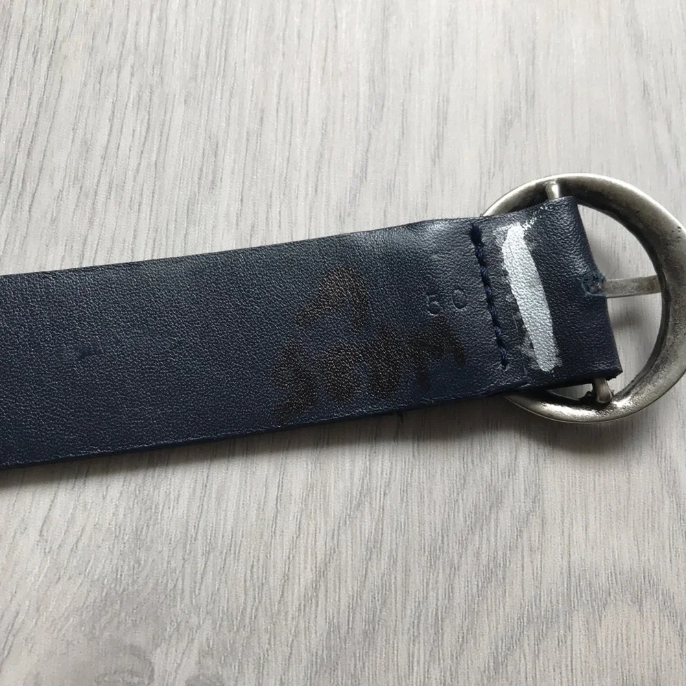 WOMENS NAVY LEATHER BELT SKINNY DRESS CASUAL ROUND BUCKLE BLUE SMALL